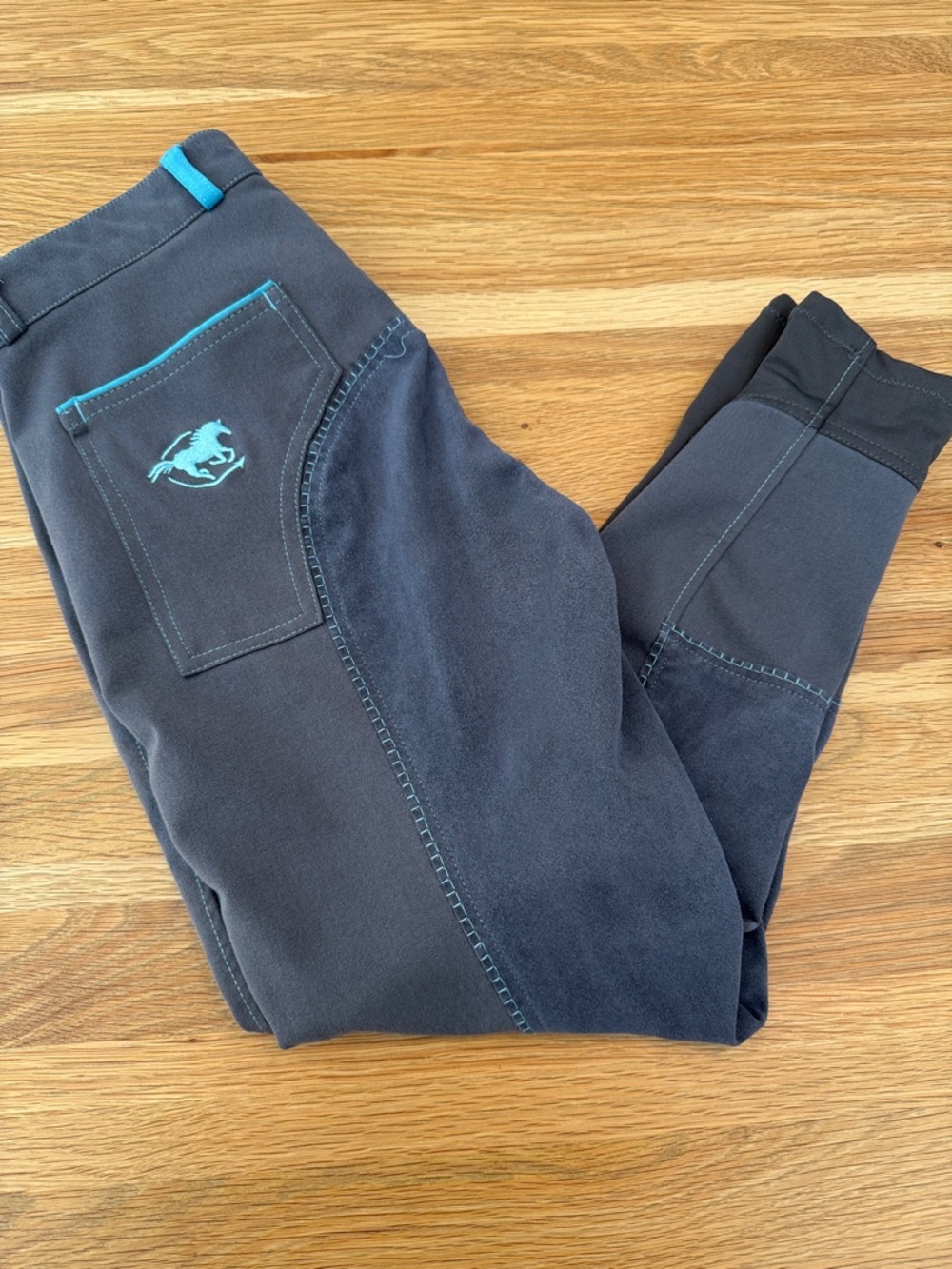 Smartpak Piper Full Seat Riding Breeches, charcoal with turquoise trim. 30R